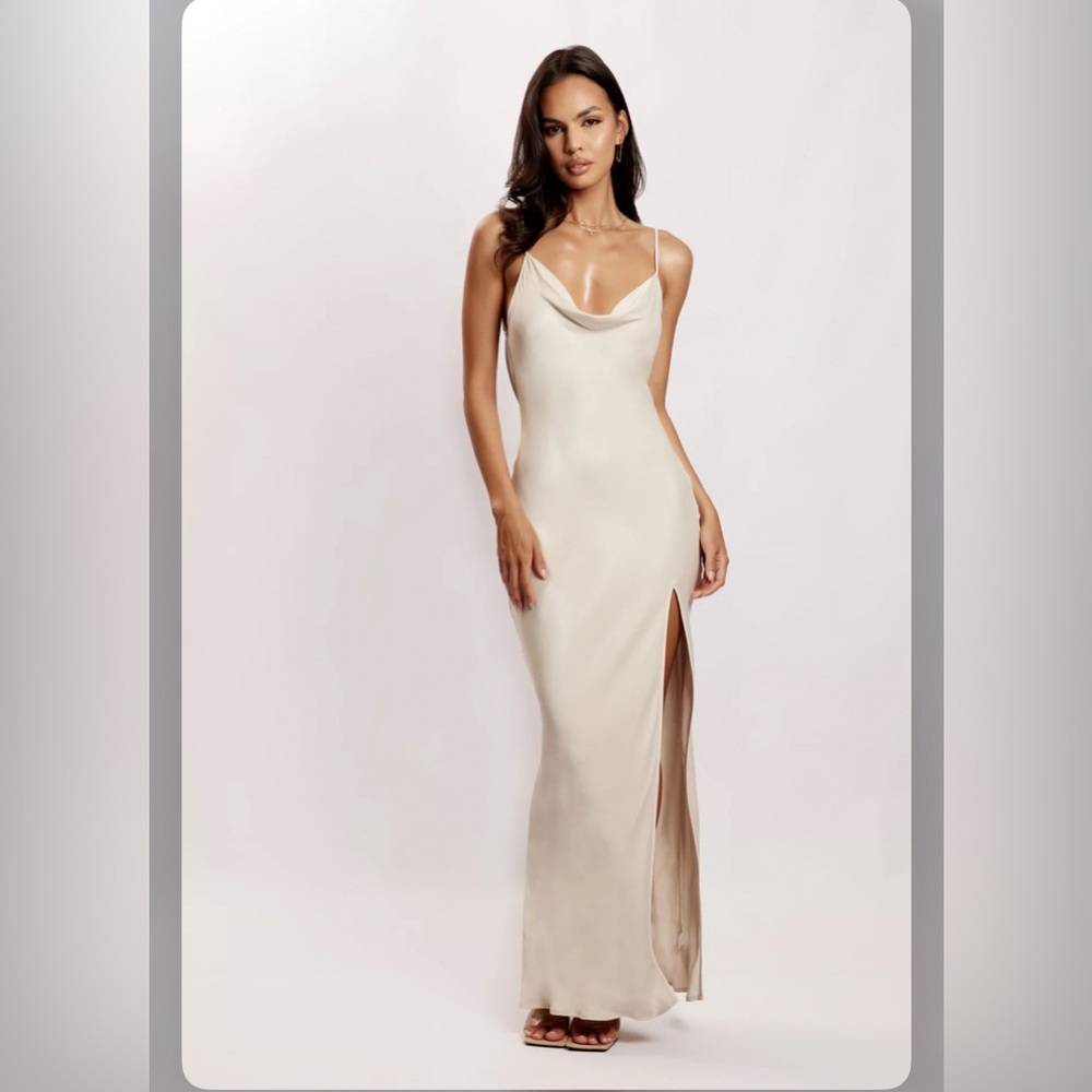 meshki Jade Cowl Neck Backless Maxi Dress - Bone size S